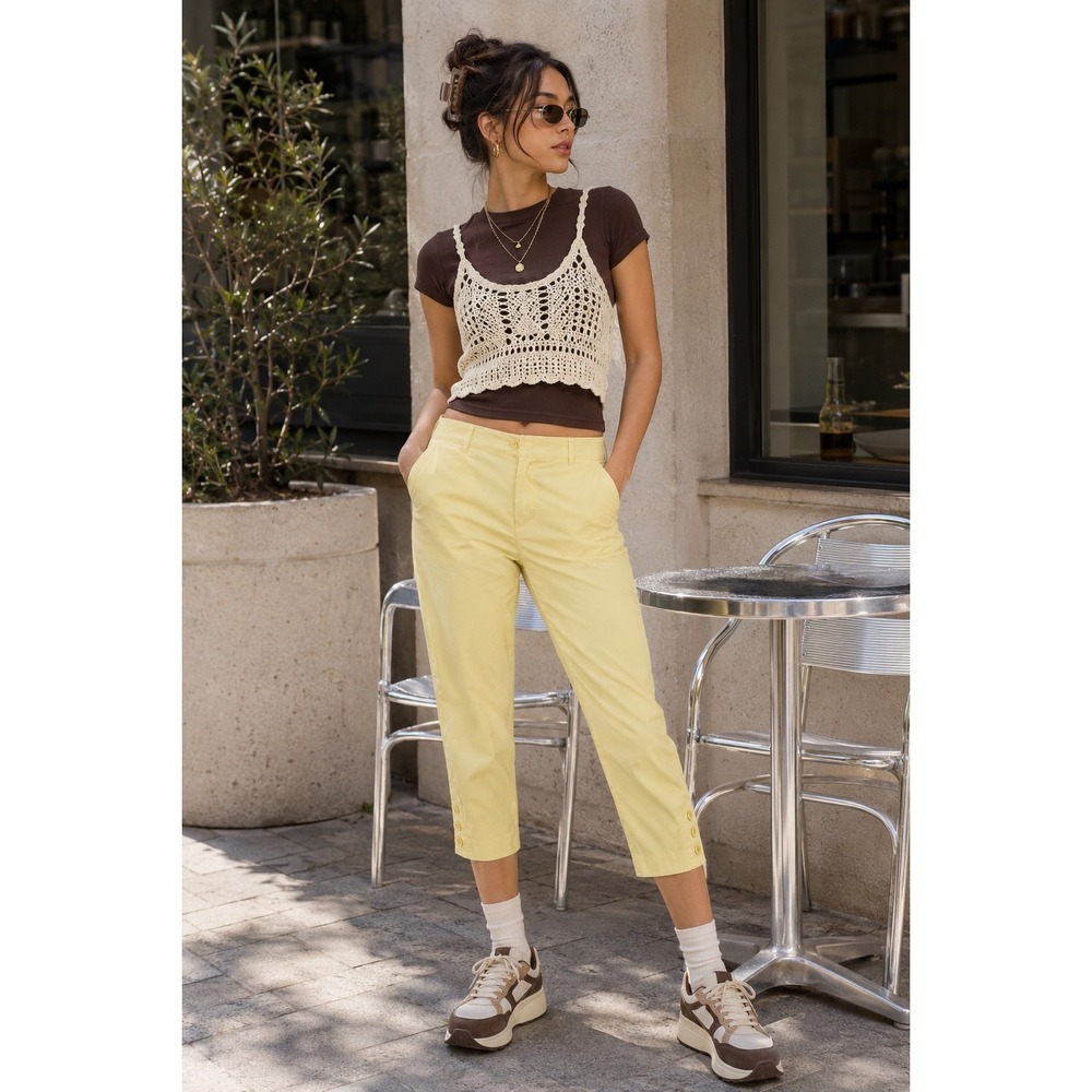 Talbots Perfect Crop Curvy Yellow Pants Size 14P Button Hem Cropped Trousers